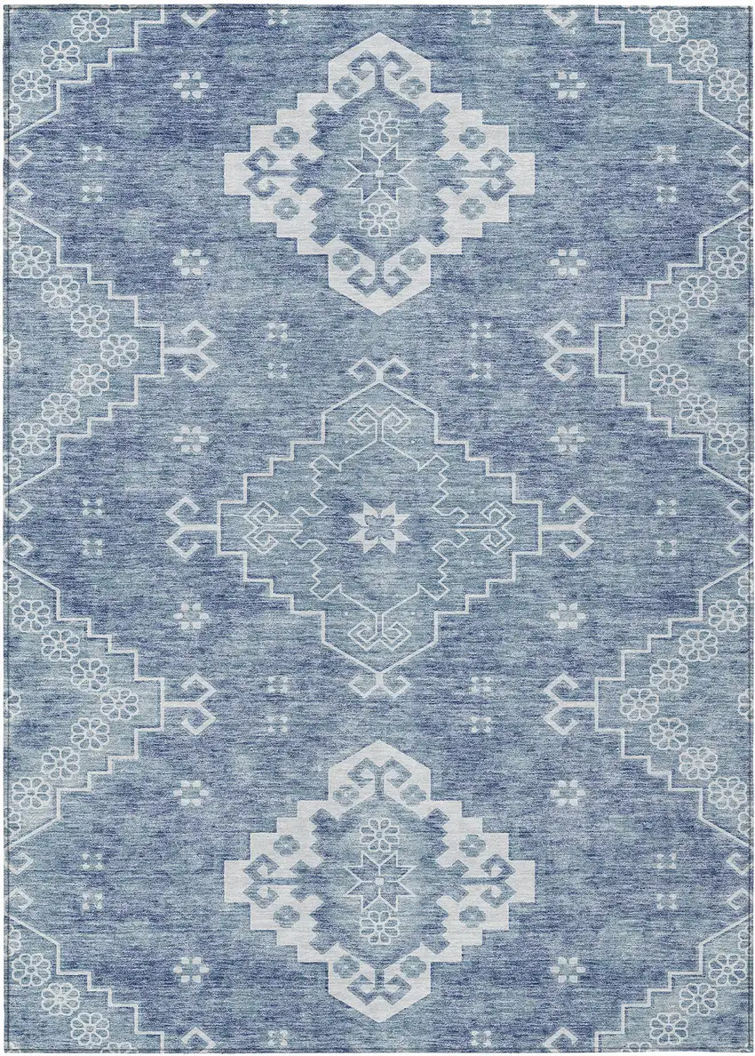 Navy Blue And Denim Blue Medallion Washable Indoor Outdoor Area Rug Photo 2