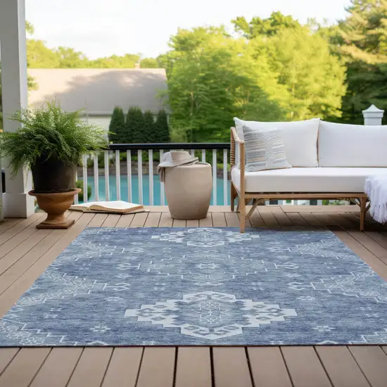 Navy Blue And Denim Blue Medallion Washable Indoor Outdoor Area Rug Photo 9