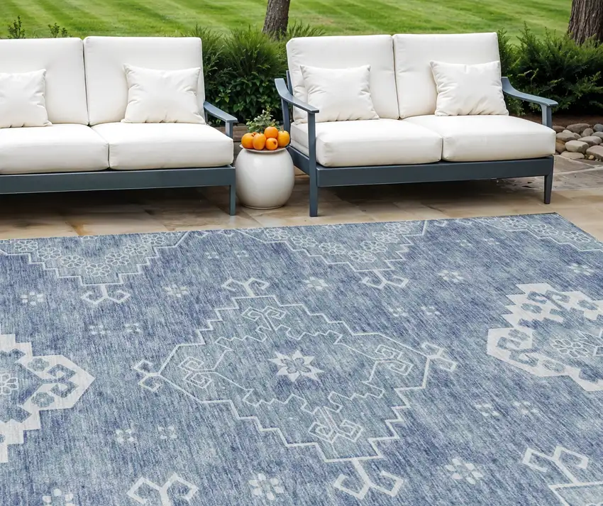 Navy Blue And Denim Blue Medallion Washable Indoor Outdoor Area Rug Photo 1