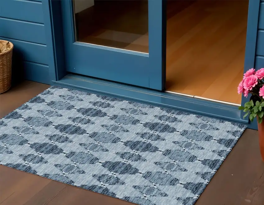 Navy Blue And Denim Blue Moroccan Washable Indoor Outdoor Area Rug Photo 1