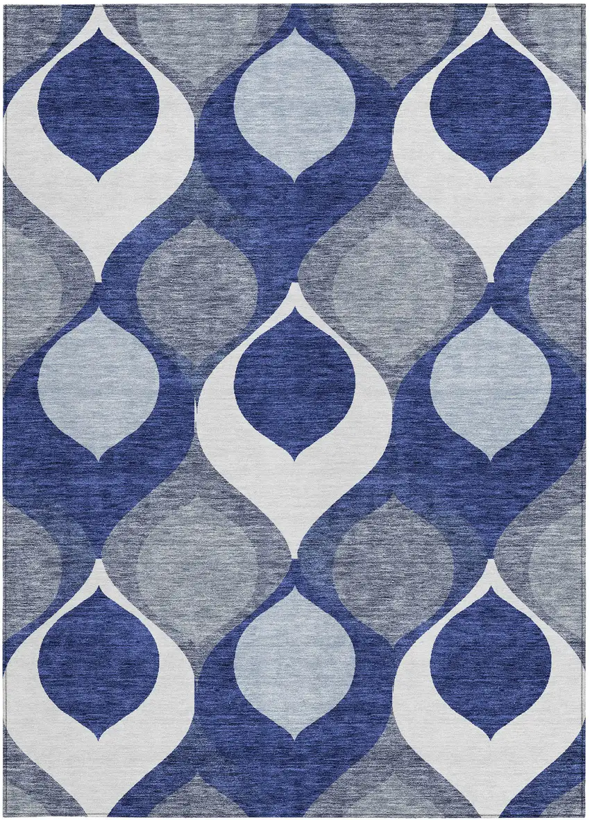 Navy Blue And Denim Blue Ogee Washable Indoor Outdoor Area Rug Photo 5