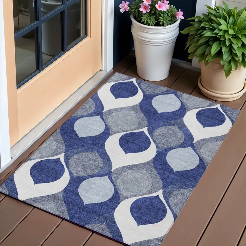Navy Blue And Denim Blue Ogee Washable Indoor Outdoor Area Rug Photo 1