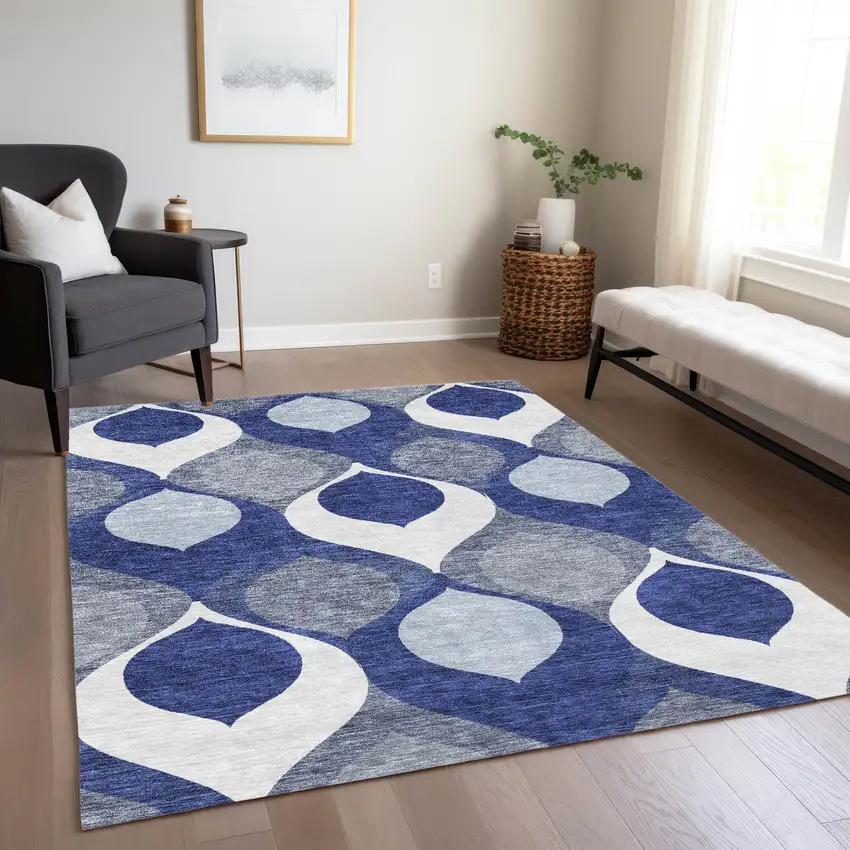 Navy Blue And Denim Blue Ogee Washable Indoor Outdoor Area Rug Photo 8