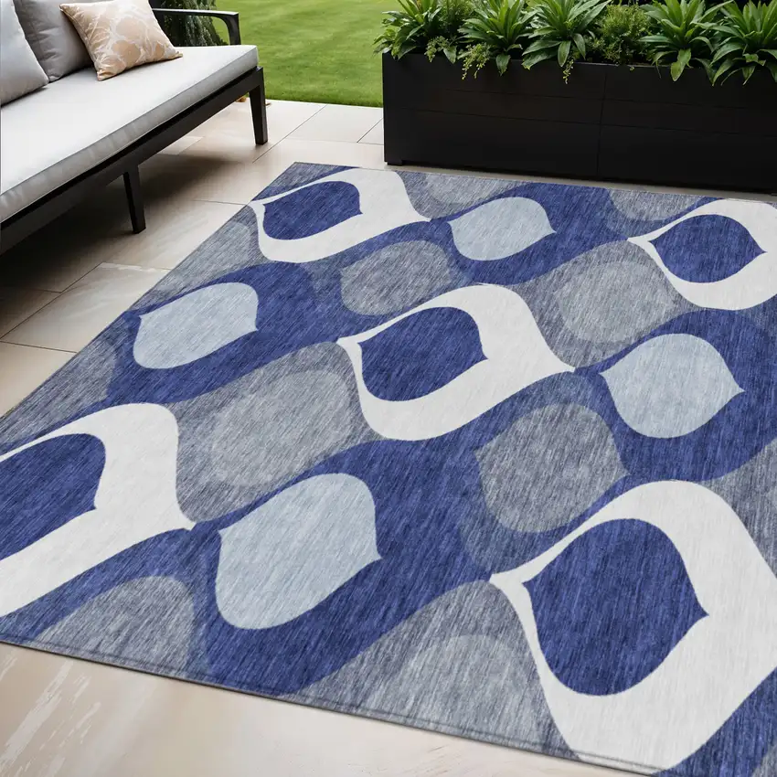 Navy Blue And Denim Blue Ogee Washable Indoor Outdoor Area Rug Photo 1