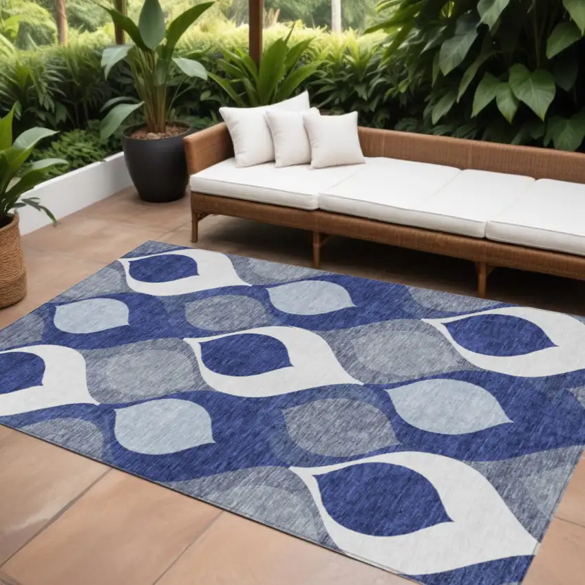 Navy Blue And Denim Blue Ogee Washable Indoor Outdoor Area Rug Photo 1