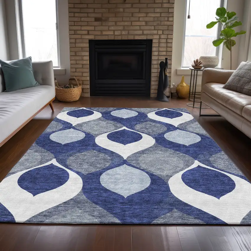 Navy Blue And Denim Blue Ogee Washable Indoor Outdoor Area Rug Photo 7