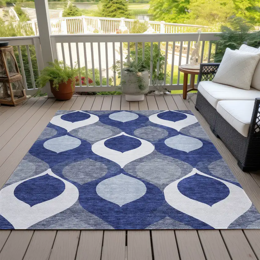 Navy Blue And Denim Blue Ogee Washable Indoor Outdoor Area Rug Photo 6