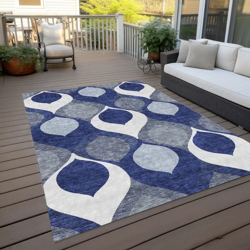 Navy Blue And Denim Blue Ogee Washable Indoor Outdoor Area Rug Photo 9