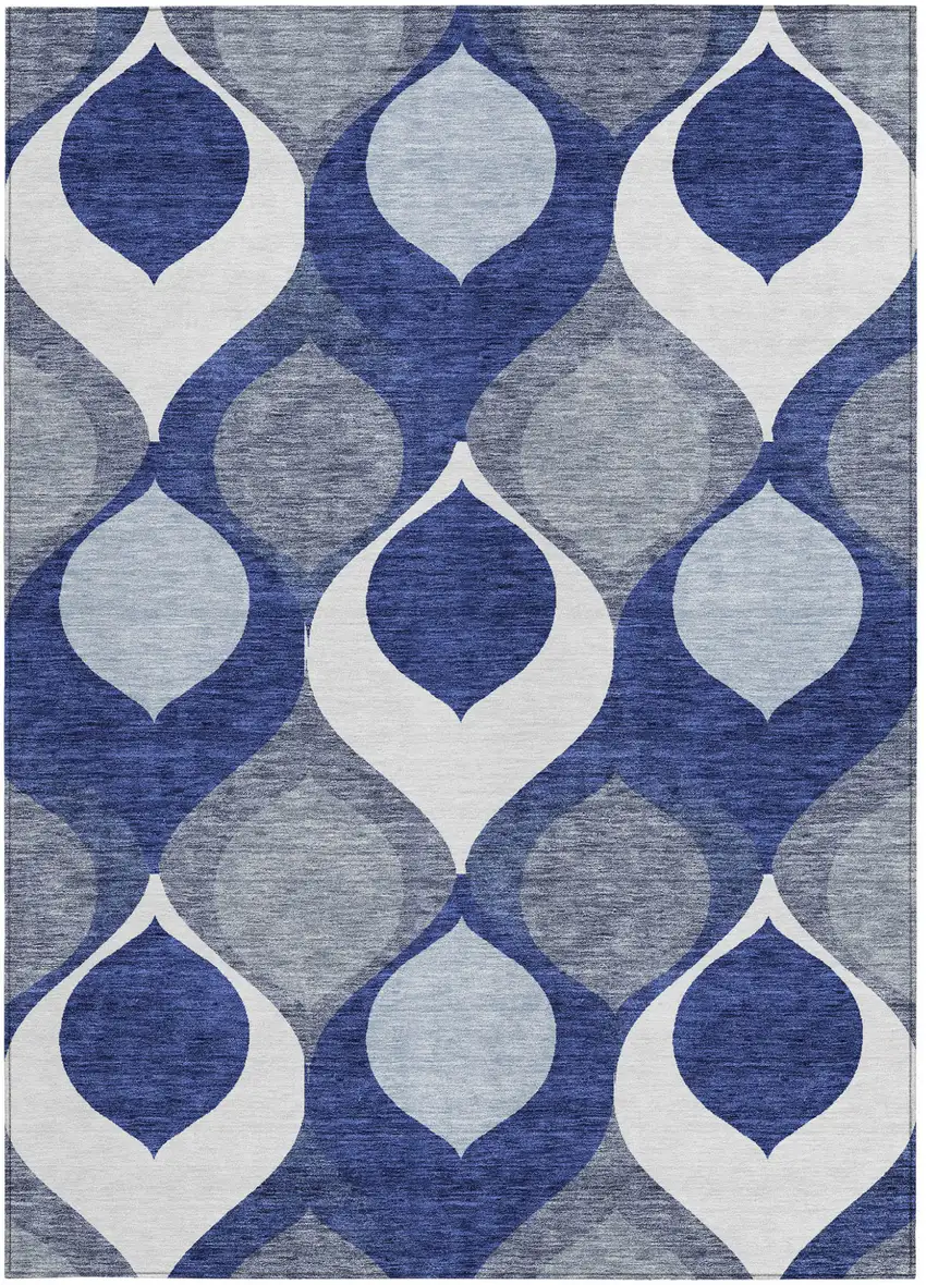 Navy Blue And Denim Blue Ogee Washable Indoor Outdoor Area Rug Photo 5