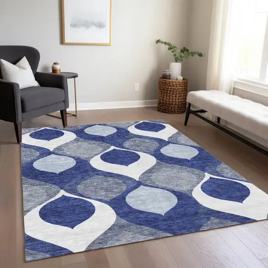 Navy Blue And Denim Blue Ogee Washable Indoor Outdoor Area Rug Photo 9