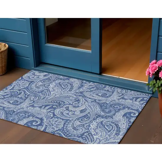 Navy Blue And Denim Blue Paisley Washable Indoor Outdoor Area Rug Photo 1
