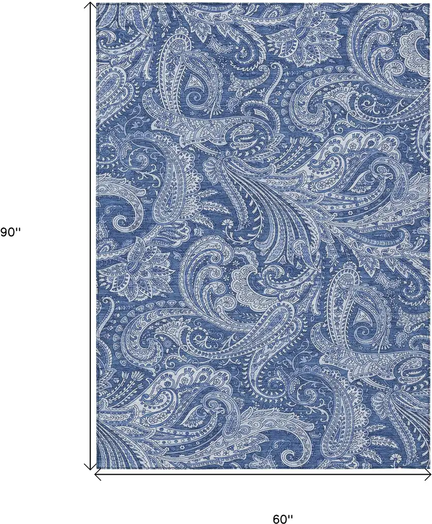 Navy Blue And Denim Blue Paisley Washable Indoor Outdoor Area Rug Photo 3