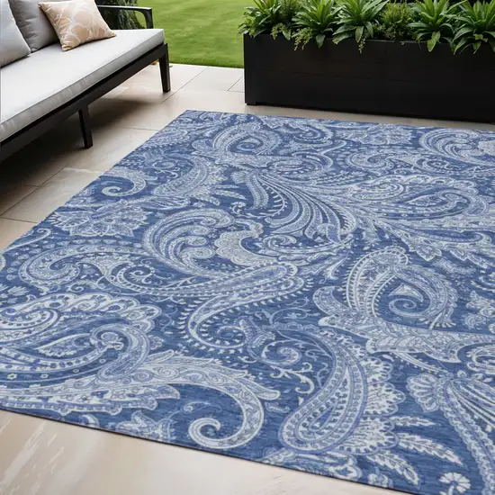 Navy Blue And Denim Blue Paisley Washable Indoor Outdoor Area Rug Photo 1
