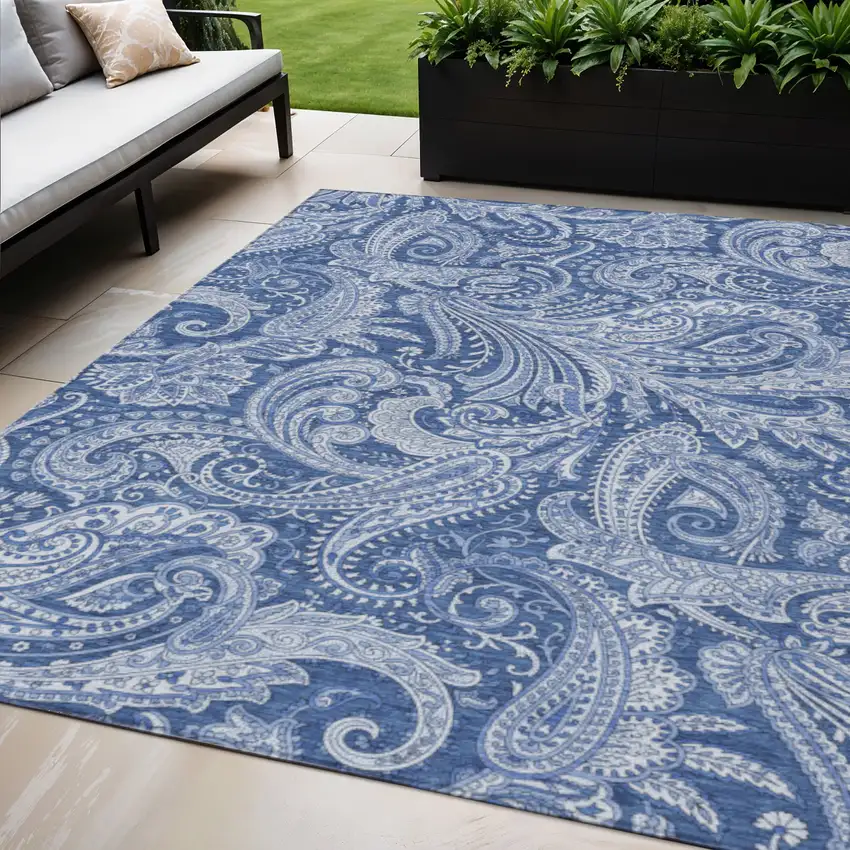Navy Blue And Denim Blue Paisley Washable Indoor Outdoor Area Rug Photo 1