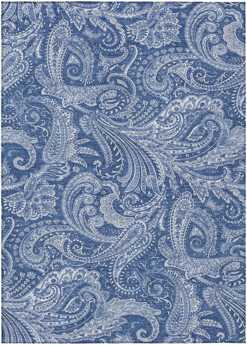 Navy Blue And Denim Blue Paisley Washable Indoor Outdoor Area Rug Photo 2