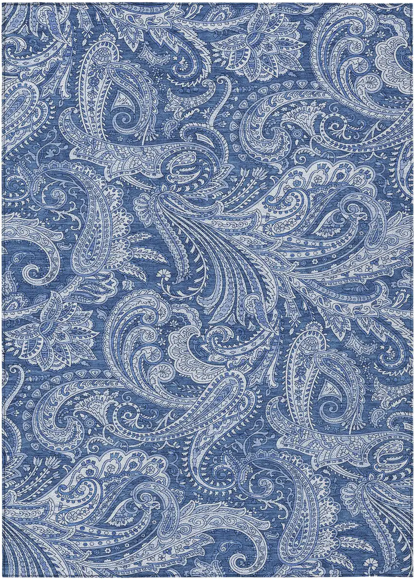 Navy Blue And Denim Blue Paisley Washable Indoor Outdoor Area Rug Photo 2
