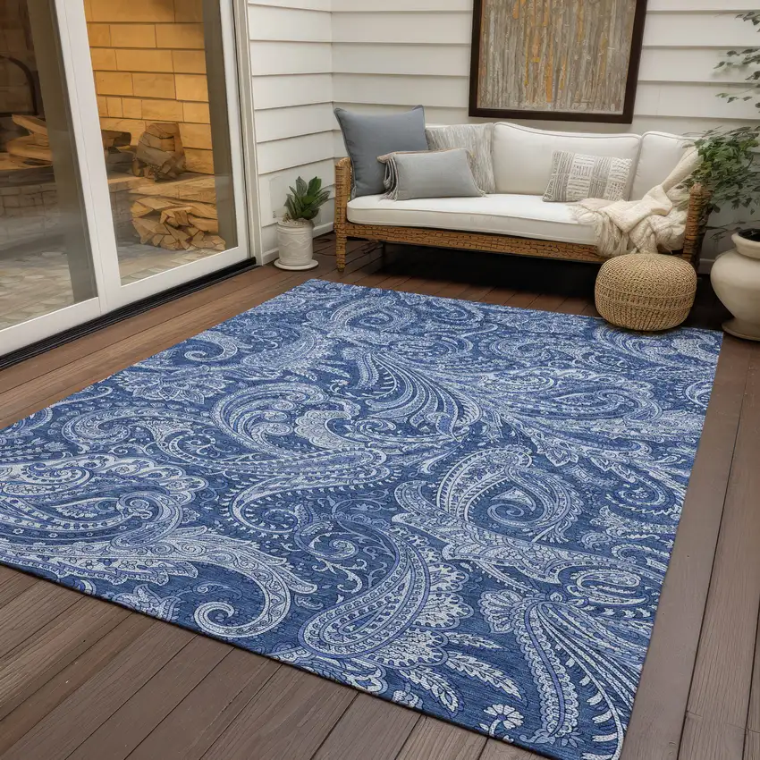 Navy Blue And Denim Blue Paisley Washable Indoor Outdoor Area Rug Photo 9