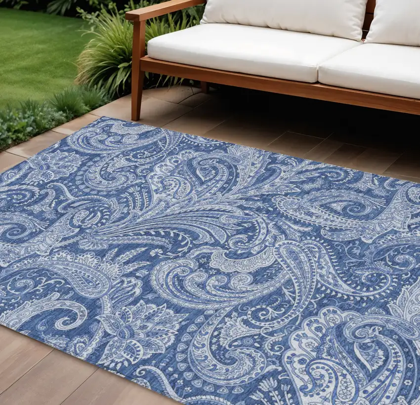 Navy Blue And Denim Blue Paisley Washable Indoor Outdoor Area Rug Photo 1
