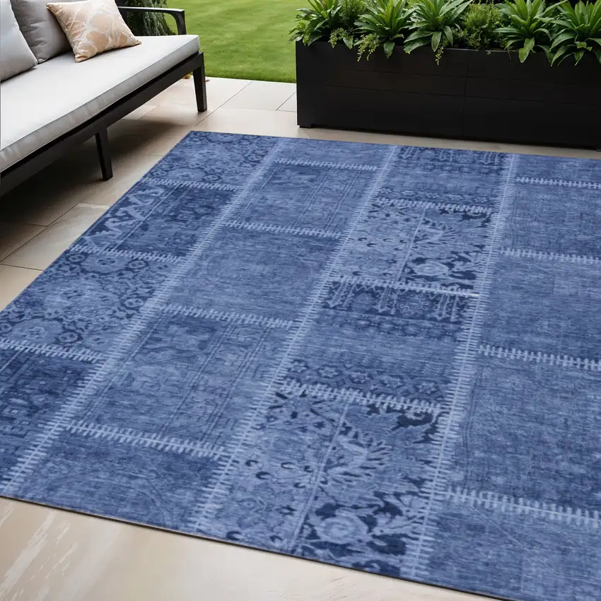 Navy Blue And Denim Blue Patchwork Washable Indoor Outdoor Area Rug Photo 1