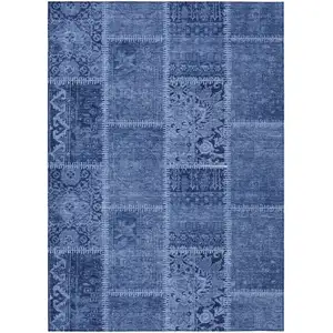Photo of Navy Blue And Denim Blue Patchwork Washable Indoor Outdoor Area Rug