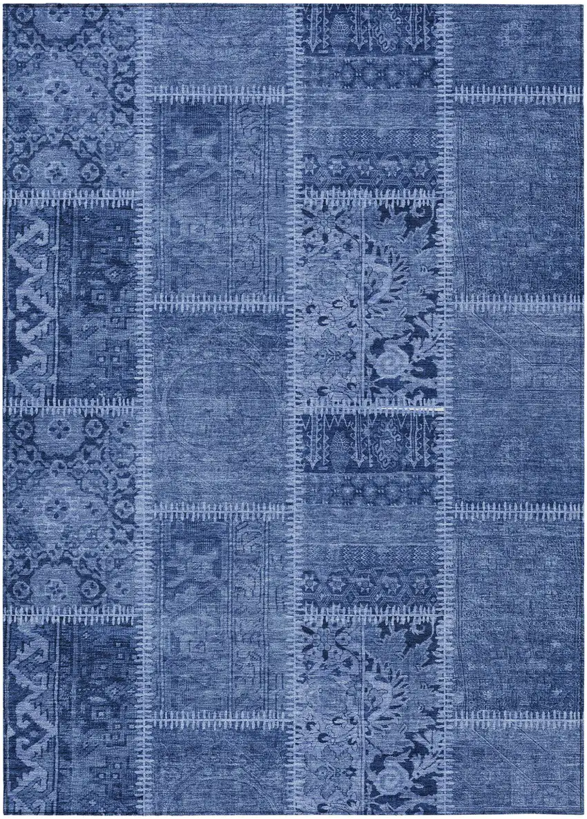 Navy Blue And Denim Blue Patchwork Washable Indoor Outdoor Area Rug Photo 1
