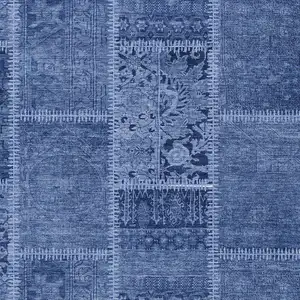 Photo of Navy Blue And Denim Blue Patchwork Washable Indoor Outdoor Area Rug