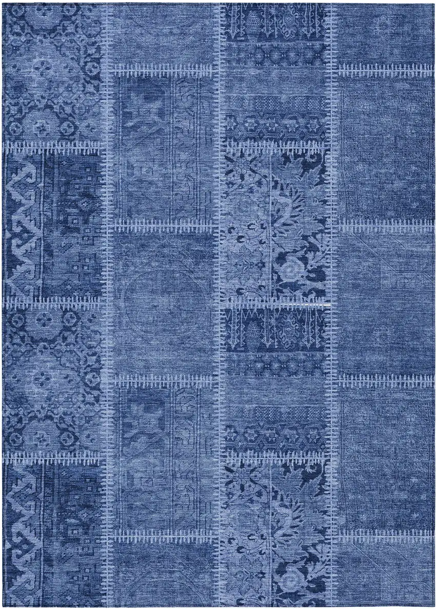 Navy Blue And Denim Blue Patchwork Washable Indoor Outdoor Area Rug Photo 1