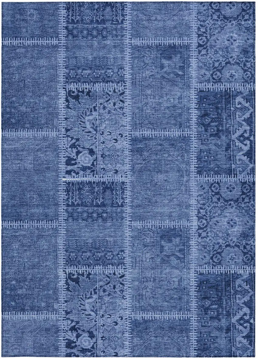 Navy Blue And Denim Blue Patchwork Washable Indoor Outdoor Area Rug Photo 4