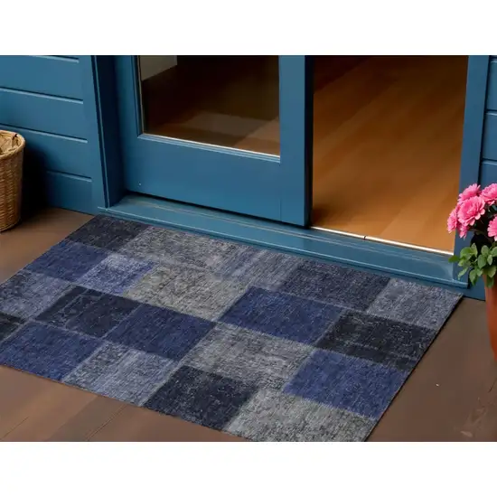 Navy Blue And Denim Blue Patchwork Washable Indoor Outdoor Area Rug Photo 1