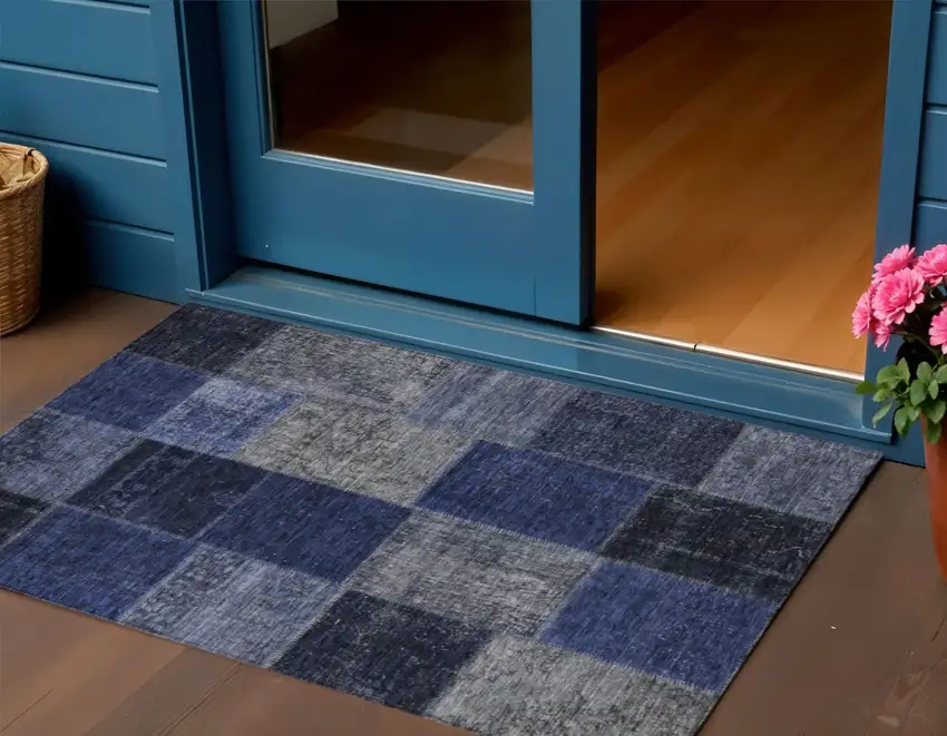 Navy Blue And Denim Blue Patchwork Washable Indoor Outdoor Area Rug Photo 1