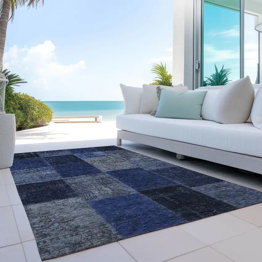 Navy Blue And Denim Blue Patchwork Washable Indoor Outdoor Area Rug Photo 9