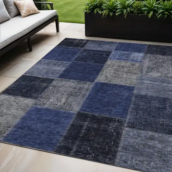 Navy Blue And Denim Blue Patchwork Washable Indoor Outdoor Area Rug Photo 1