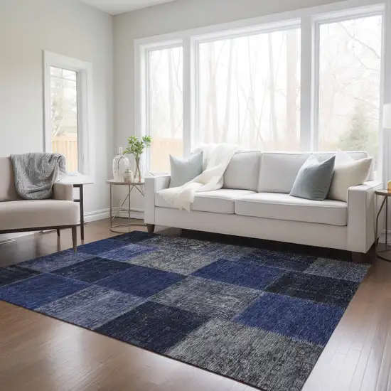 Navy Blue And Denim Blue Patchwork Washable Indoor Outdoor Area Rug Photo 9