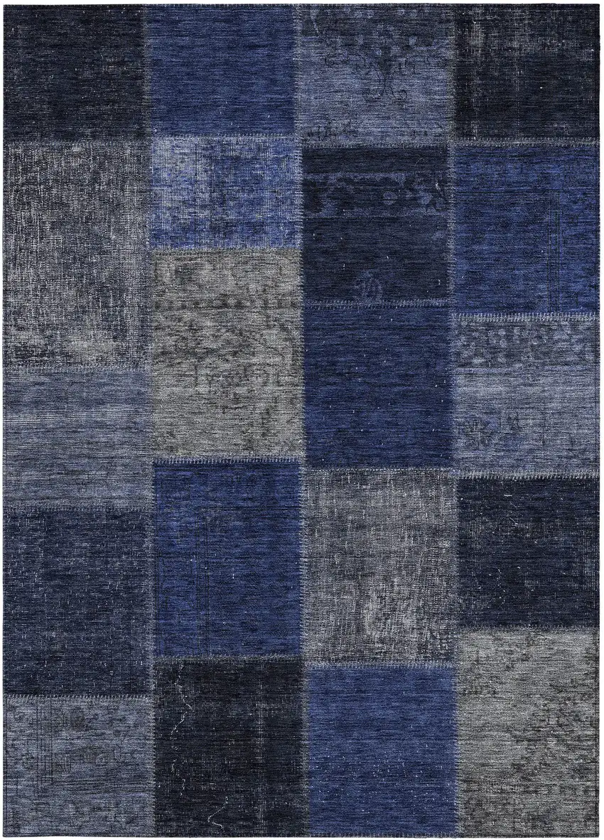 Navy Blue And Denim Blue Patchwork Washable Indoor Outdoor Area Rug Photo 7