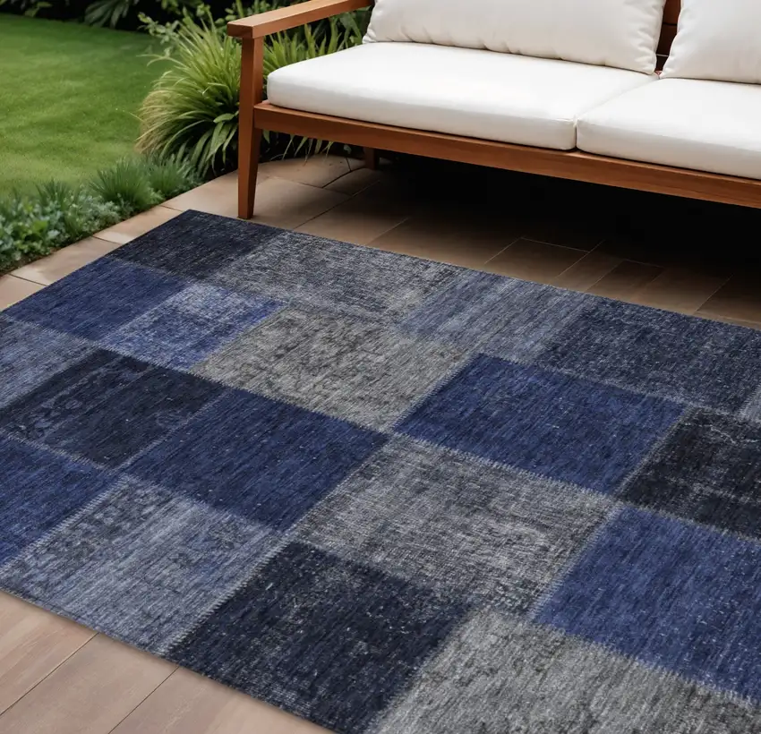 Navy Blue And Denim Blue Patchwork Washable Indoor Outdoor Area Rug Photo 1