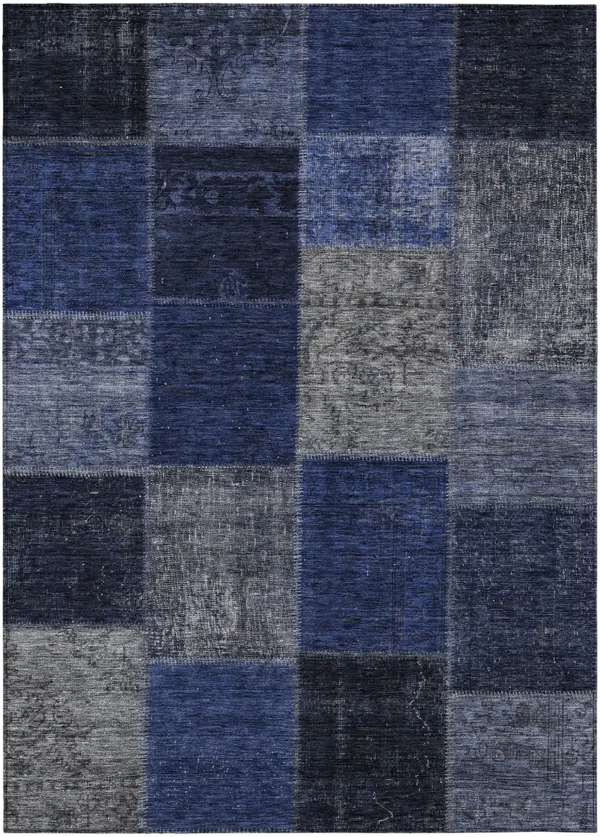 Navy Blue And Denim Blue Patchwork Washable Indoor Outdoor Area Rug Photo 2