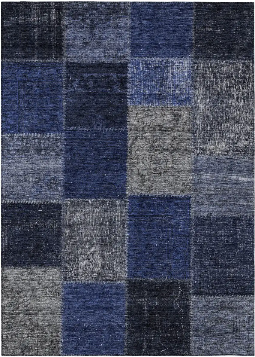 Navy Blue And Denim Blue Patchwork Washable Indoor Outdoor Area Rug Photo 2