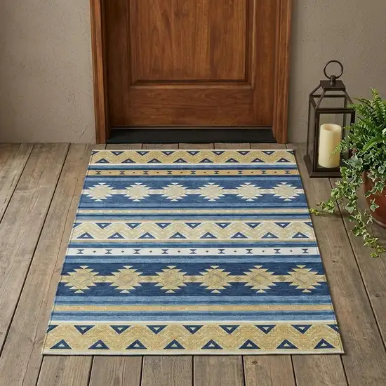 Navy Blue And Denim Blue Southwestern Washable Indoor Outdoor Area Rug Photo 1