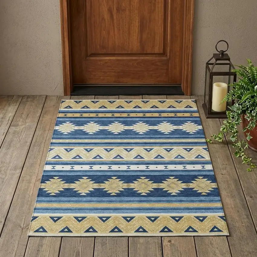 Navy Blue And Denim Blue Southwestern Washable Indoor Outdoor Area Rug Photo 1