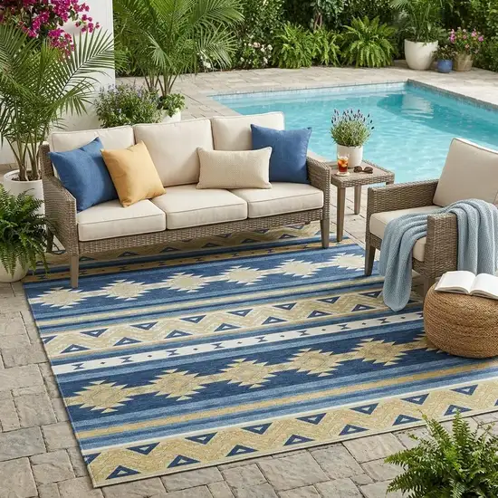 Navy Blue And Denim Blue Southwestern Washable Indoor Outdoor Area Rug Photo 1