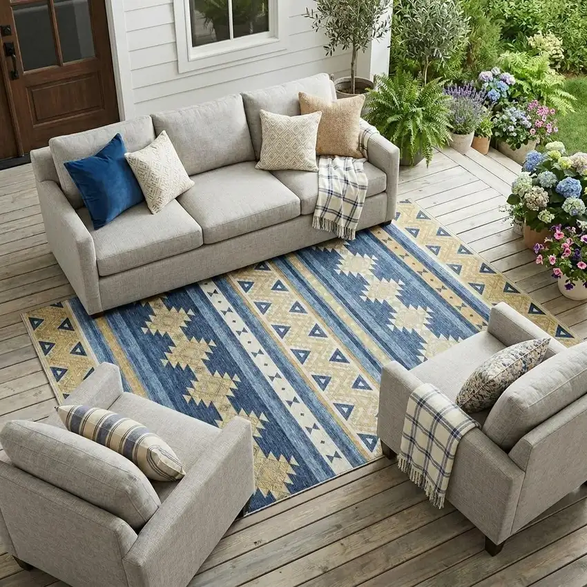 Navy Blue And Denim Blue Southwestern Washable Indoor Outdoor Area Rug Photo 1