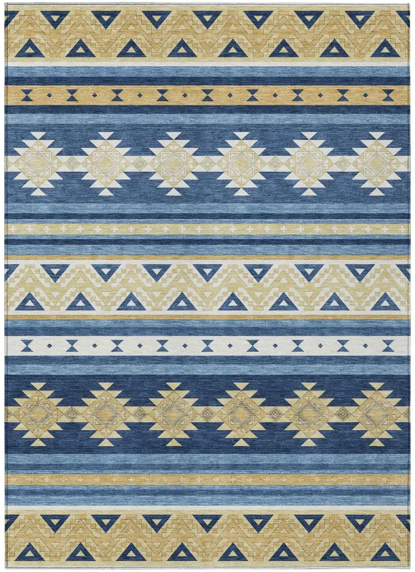 Navy Blue And Denim Blue Southwestern Washable Indoor Outdoor Area Rug Photo 2