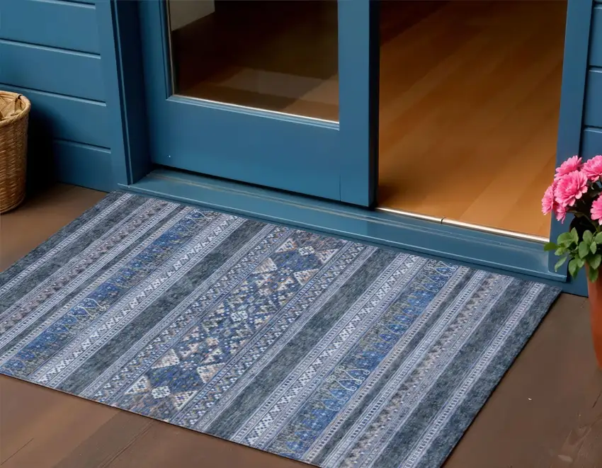 Navy Blue And Denim Blue Southwestern Washable Indoor Outdoor Area Rug Photo 1