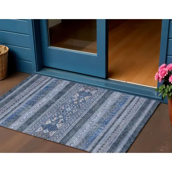 Navy Blue And Denim Blue Southwestern Washable Indoor Outdoor Area Rug Photo 1