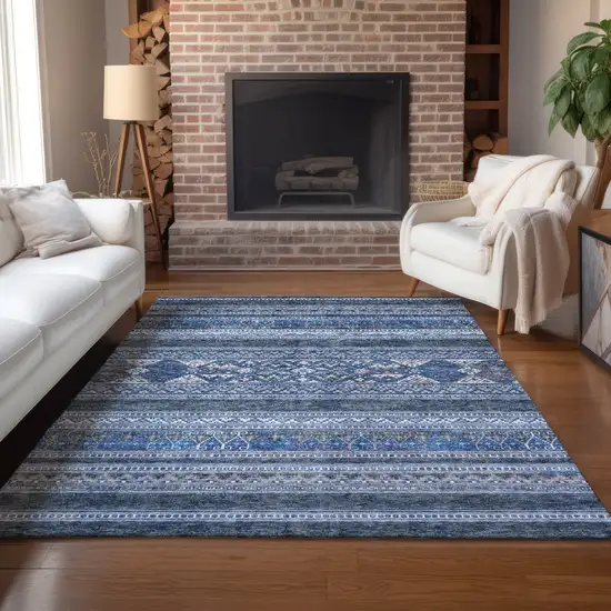 Navy Blue And Denim Blue Southwestern Washable Indoor Outdoor Area Rug Photo 9