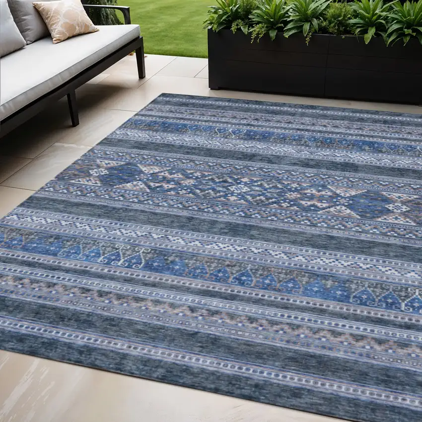 Navy Blue And Denim Blue Southwestern Washable Indoor Outdoor Area Rug Photo 1
