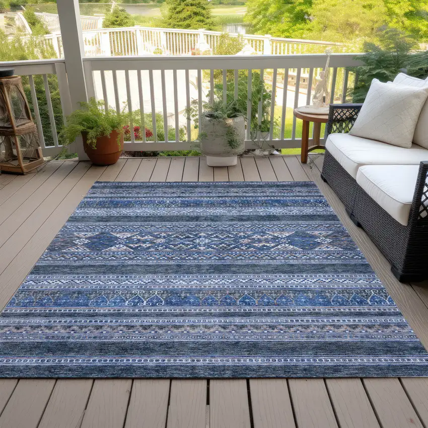 Navy Blue And Denim Blue Southwestern Washable Indoor Outdoor Area Rug Photo 9