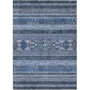 Photo of Navy Blue And Denim Blue Southwestern Washable Indoor Outdoor Area Rug