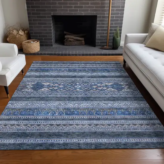 Navy Blue And Denim Blue Southwestern Washable Indoor Outdoor Area Rug Photo 8