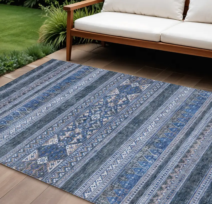Navy Blue And Denim Blue Southwestern Washable Indoor Outdoor Area Rug Photo 1